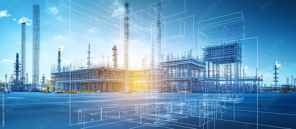 Fototapeta premium Refinery Plant Digital Blueprint Overlay