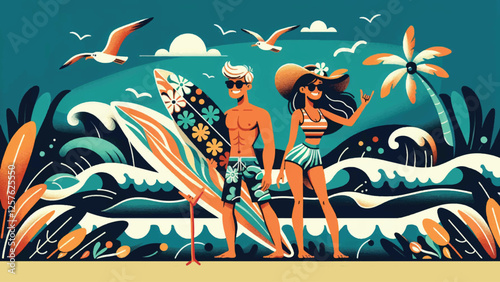 Surfer Dude and Dudette, two energetic characters, a guy and a girl, wearing colorful surf gear. They are carrying surfboards with tropical patterns, standing by the ocean waves 