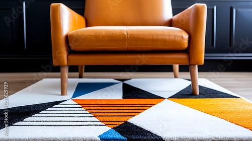 Orange Leather Chair On Colorful Geometric Rug