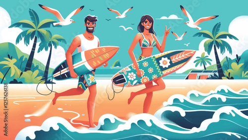 Surfer Dude and Dudette, two energetic characters, a guy and a girl, wearing colorful surf gear. They are carrying surfboards with tropical patterns, standing by the ocean waves 
