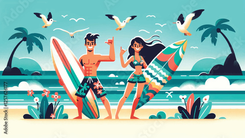 Surfer Dude and Dudette, two energetic characters, a guy and a girl, wearing colorful surf gear. They are carrying surfboards with tropical patterns, standing by the ocean waves 