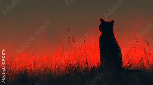 Silhouette of a cat sitting in tall grass against a vibrant red sunset, evoking tranquility and solitude