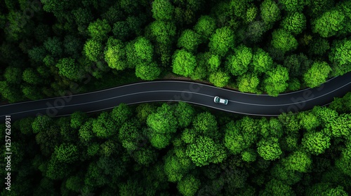 An aerial view of a winding road cutting through a dense forest of vibrant green trees, showcasing the beauty of nature and the serenity of rural landscapes.
