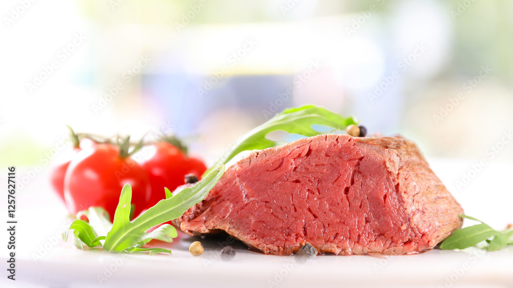 Grilled Beef Steak on a Plate with Salad and Tomato Grilled Beef Steak on a Plate with Salad and Tomato