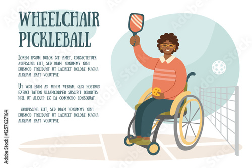 Wheelchair pickleball banner. Concept of inclusive sports and adaptive recreation. Woman in wheelchair. Vector hand drawn background.