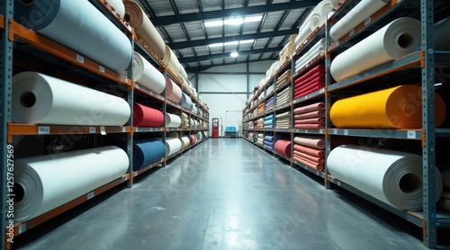 Vast Warehouse Interior Filled with Rolled Textile Fabrics of Diverse Colors and Textures
