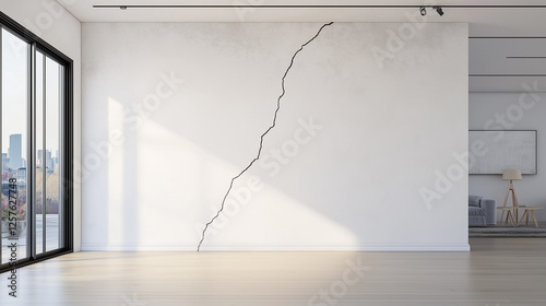 A long crack runs prominently across a white wall, suggesting possible structural damage in a newly built home interior. Natural light illuminates the empty space