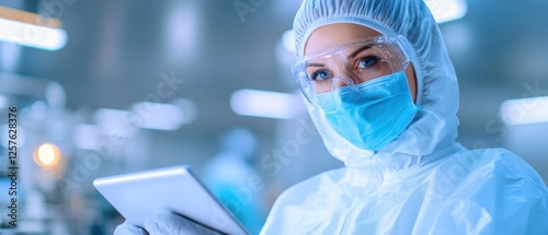 Scientist in cleanroom using Tablet Device
