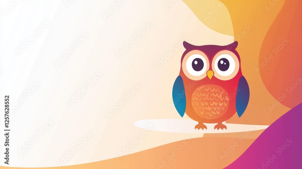 Fototapeta premium Red cartoon owl mascot sits on a warm orange background for educational materials.