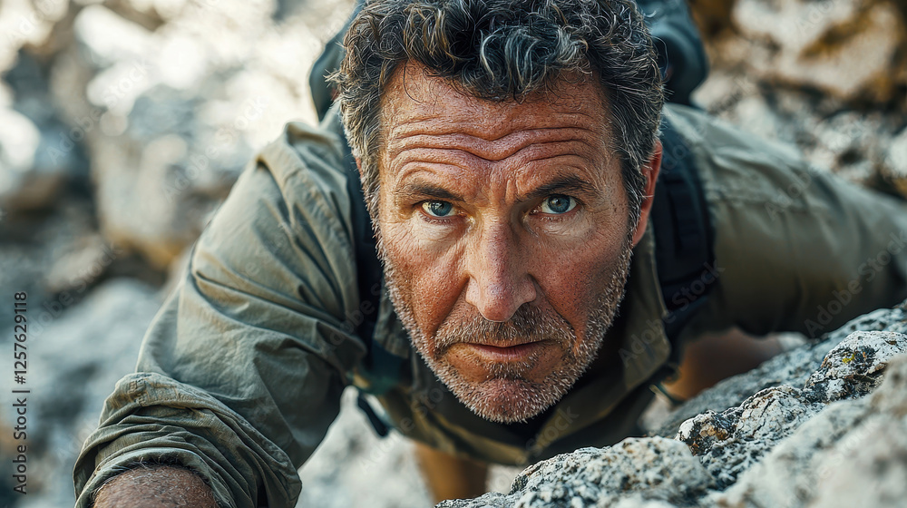 Obraz premium Elderly man embraces adventure while rock climbing with determination and excitement against a rugged backdrop