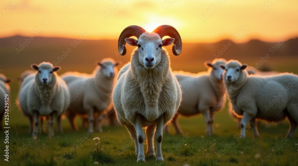 Fototapeta premium Majestic Ram Leads Flock at Sunset A Pastoral Scene of Tranquil Beauty