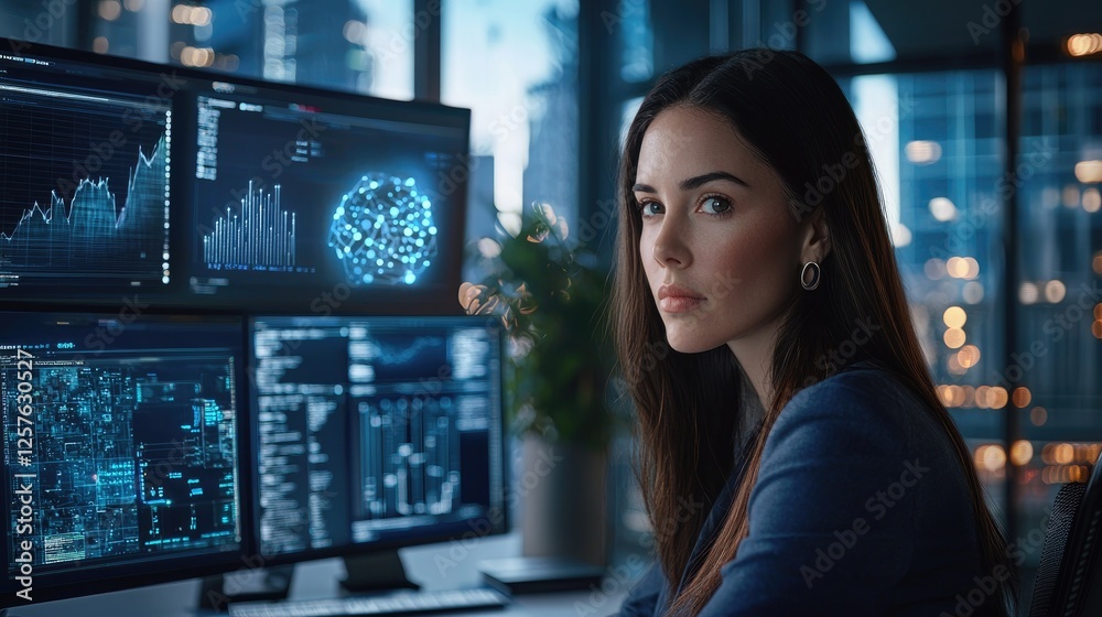 Focused Analyst, A Woman Studying Complex Data on Multiple Screens in a Modern Office at Night Focused Analyst, A Woman Studying Complex Data on Multiple Screens in a Modern Office at Night