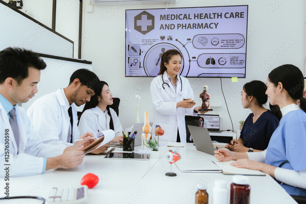 Fototapeta premium A diverse team of health care professionals, including doctors and nurses, sit and talk in a hospital office. The team works together to provide expert medical care and support to patients.