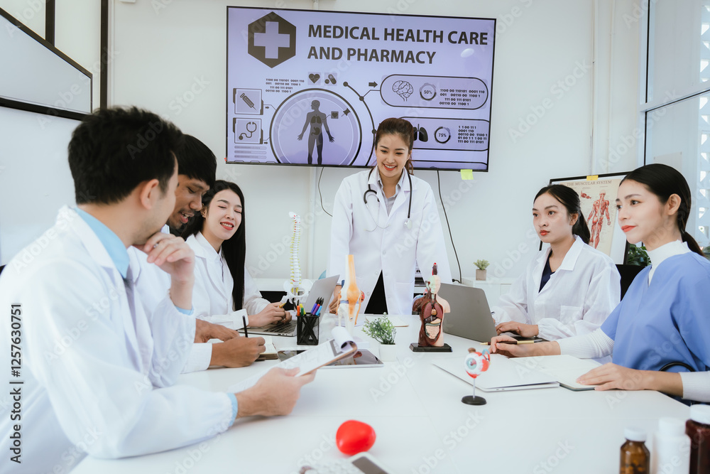 Fototapeta premium A diverse team of health care professionals, including doctors and nurses, sit and talk in a hospital office. The team works together to provide expert medical care and support to patients.