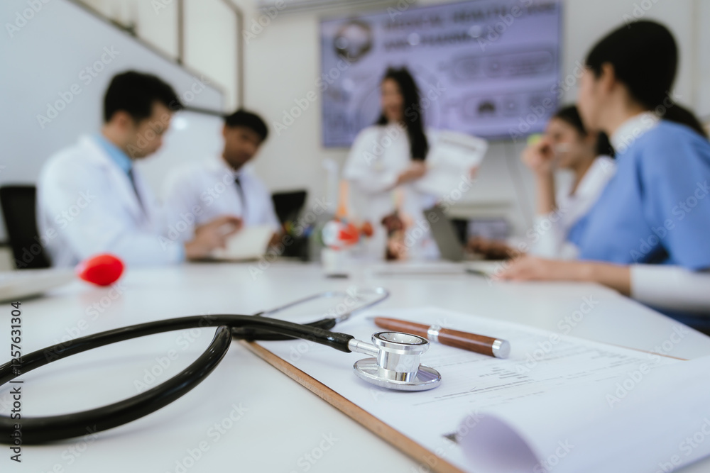 A diverse team of health care professionals, including doctors and nurses, sit and talk in a hospital office. The team works together to provide expert medical care and support to patients. A diverse team of health care professionals, including doctors and nurses, sit and talk in a hospital office. The team works together to provide expert medical care and support to patients.