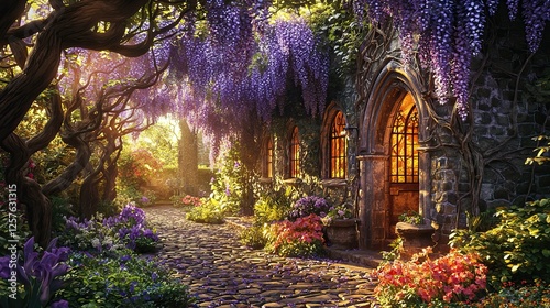 Fototapeta Naklejka Na Ścianę i Meble -  Enchanting Stone Cottage with Wisteria and Flowering Garden in Magical Sunlight
