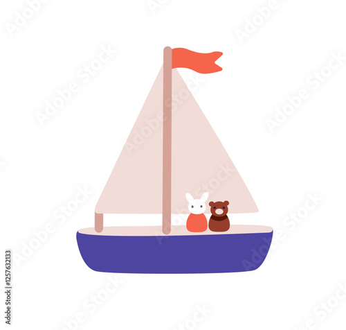 Toy ship with sail and flag. Kids sailboat with cute characters on deck. Mari...