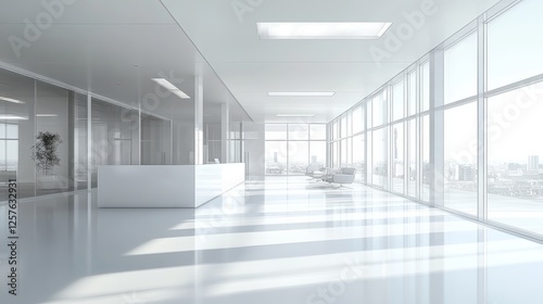 Bright minimalist office interior with white walls, large glass windows, modern desks with computers, and an open layout flooded with natural light.