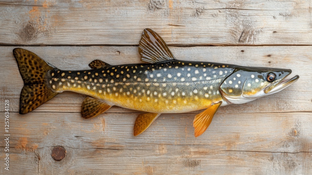 Naklejka premium Pike fish resting on rustic dock with wooden texture on solid white background