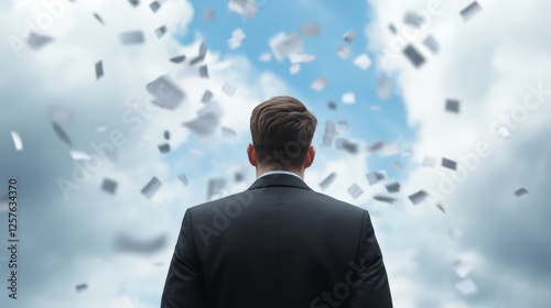 Business Man Surrounded by Falling Papers