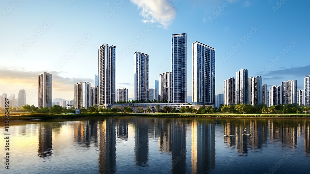 Modern city skyline reflecting in calm water at sunrise; ideal for real estate marketing Modern city skyline reflecting in calm water at sunrise; ideal for real estate marketing