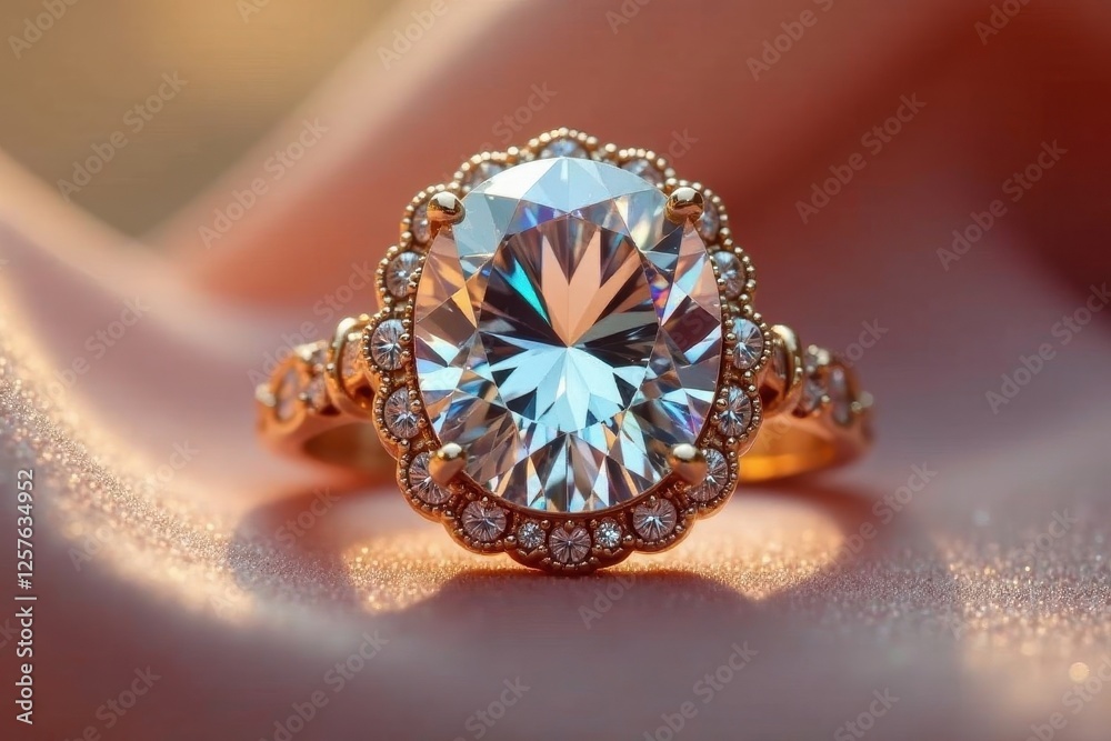 A dazzling oval-cut gemstone ring, set in gold, sparkles brilliantly on a soft, shimmering fabric, showcasing its exquisite craftsmanship and radiant beauty A dazzling oval-cut gemstone ring, set in gold, sparkles brilliantly on a soft, shimmering fabric, showcasing its exquisite craftsmanship and radiant beauty