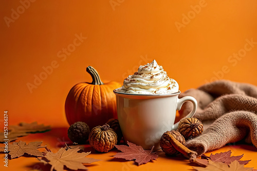 A cozy autumn scene with a cup of whipped cream-topped coffee, surrounded by pumpkins, nuts, autumn leaves, and a warm blanket, creating the perfect fall atmosphere. photo