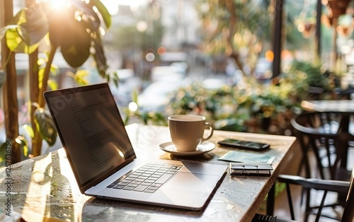 Laptop in coffeeshop, copy space, blurred background. Workation concept, digital nomad, flexible travel productivity, adventure, location independent, remote mobile office, exploring balance, getaway