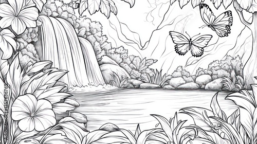 Tropical Waterfall Coloring Page Butterflies, Plants, Pond