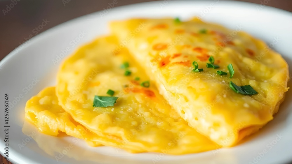 Golden Fluffy Omelet with Fresh Green Herbs on a White Plate – A Simple and Delicious Culinary Delight