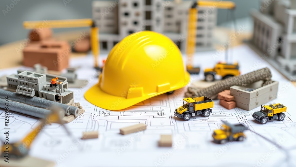 a yellow hard hat resting on top of blueprints surrounded by miniature construction vehicles and buildings - Generative AI. a yellow hard hat resting on top of blueprints surrounded by miniature construction vehicles and buildings - Generative AI.