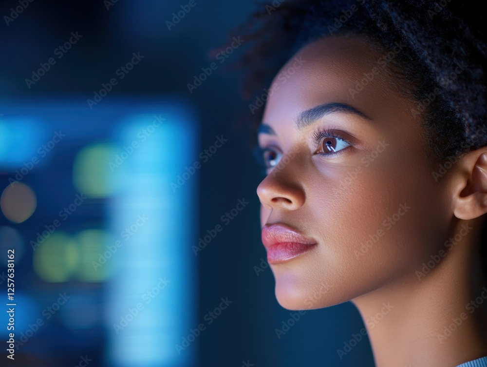 woman looking at screen in dark room woman looking at screen in dark room