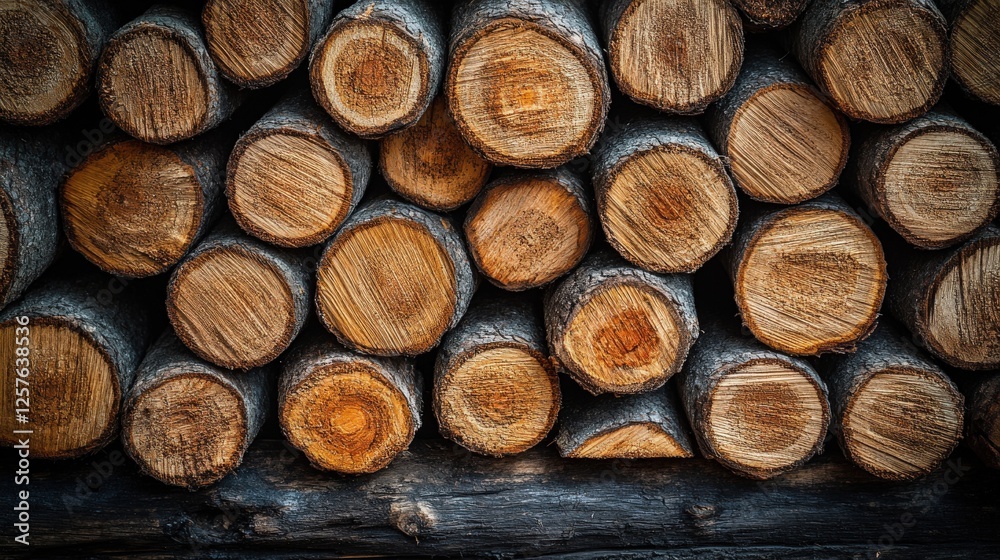 Stack of neatly arranged firewood logs symbolizing order and balance in a tranquil setting Stack of neatly arranged firewood logs symbolizing order and balance in a tranquil setting