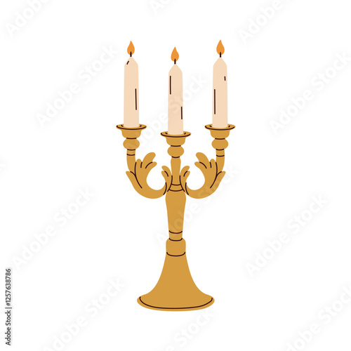 Vintage candelabrum with three-branched candleholders. Candle holder with lit candlelight. Retro-style candlestick, old candelabra decoration. Flat vector illustration isolated on white background