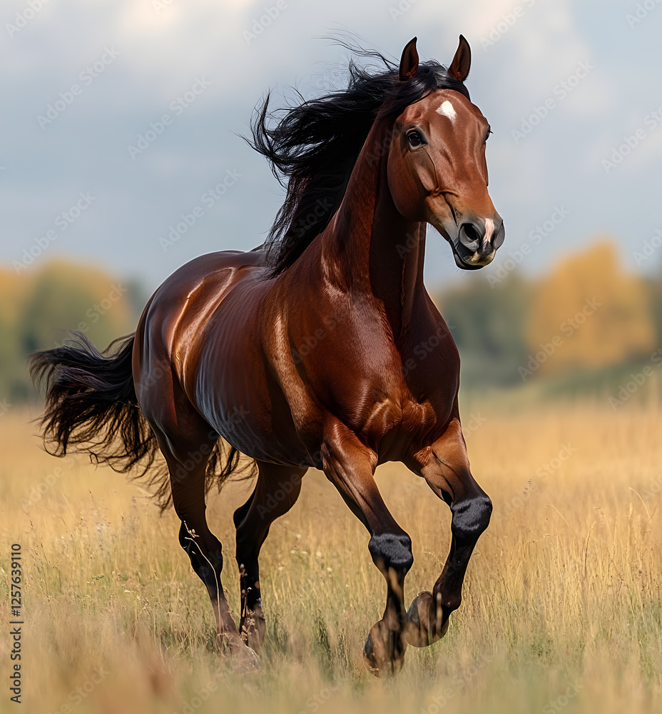 Majestic Running Horse in a Field - Beautiful Brown Horse Galloping in Nature Majestic Running Horse in a Field - Beautiful Brown Horse Galloping in Nature