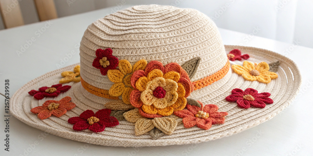 Stylish woven straw hat with intricate handmade floral crochet detailing in warm tones, ideal for elegant beachwear and summer outfits Stylish woven straw hat with intricate handmade floral crochet detailing in warm tones, ideal for elegant beachwear and summer outfits