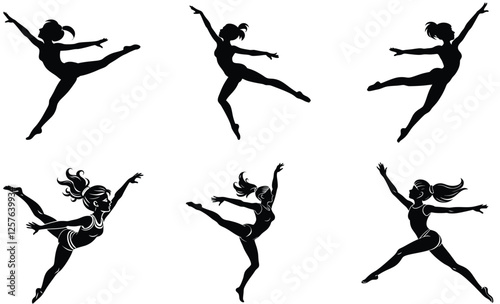 young girl ballet Jumping dancing silhouette set vector illustration
