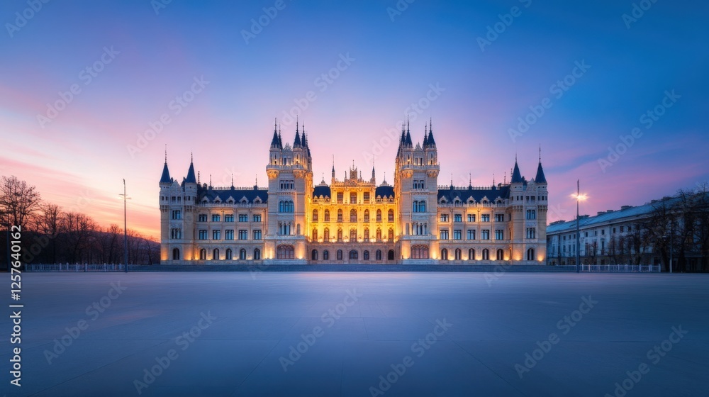 Fototapeta premium Grand building at dusk with pink sky