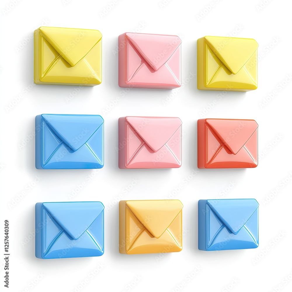Colorful envelope icons arranged in a 3x3 grid, showcasing different pastel hues, symbolizing communication and messaging, isolate on white background. Colorful envelope icons arranged in a 3x3 grid, showcasing different pastel hues, symbolizing communication and messaging, isolate on white background.