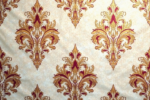 Elegant Damask Pattern Featuring Ornate Gold and Burgundy Accents on a Soft Cream Background