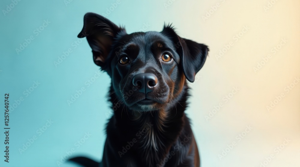 Fototapeta premium A Curious Canine Posing Against a Soft Teal and Yellow Gradient Background, Displaying its Expressive Eyes and Floppy Ear