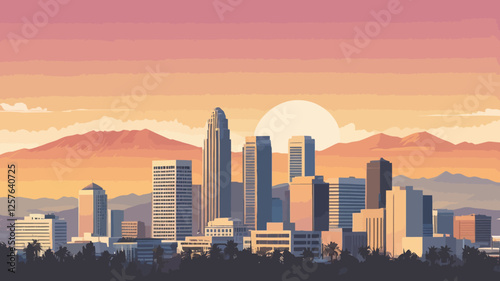  A vibrant Los Angeles cityscape at sunset, with the sun dipping behind mountains and the city skyline bathed in warm golden hues, creating a stunning urban view.