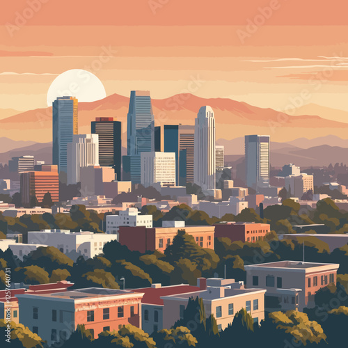 Los Angeles city skyline viewed at sunset, with warm hues illuminating the buildings and mountains in the background, creating a vibrant and dynamic cityscape.