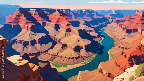 A breathtaking vector illustration of the Grand Canyon, showcasing towering reddish-brown cliffs and the winding Colorado River in a vivid panoramic view.
