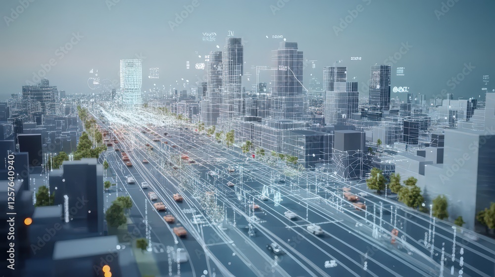 Obraz premium A digital twin of a city, showing real-time traffic data, weather updates, and urban development using detailed 3D visualizations and interactive maps