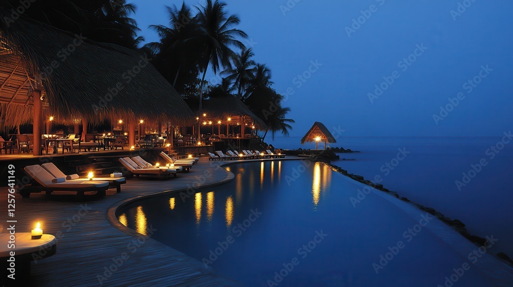 Tropical resort pool night, ocean view, relaxation Tropical resort pool night, ocean view, relaxation