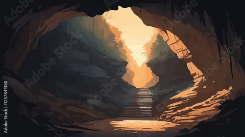 A dramatic cave entrance with sunlight streaming in, illuminating the rocky path ahead. The warm light creates a serene and mysterious atmosphere.