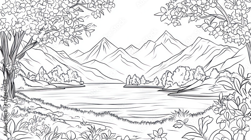 Serene mountain lake spring coloring page Serene mountain lake spring coloring page