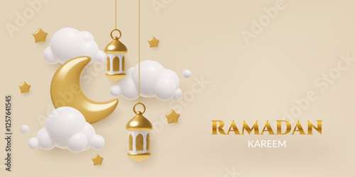 Ramadan 3d realistic banner design with golden crescent, hanging lanterns, stars and clouds. Vector illustration.