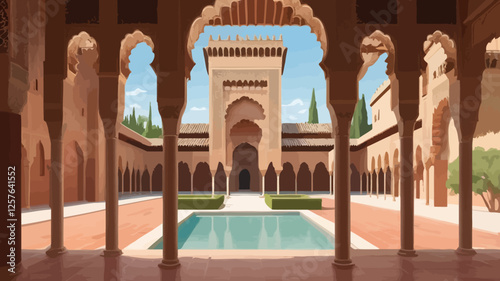 A beautiful view of a palace courtyard with a pool, elegant arches, and trees, offering a serene atmosphere and classical design.